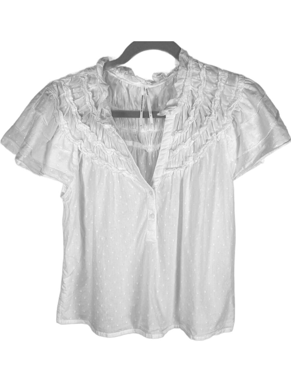 By Anthropologie Layered-Sleeve Henley Top White Dotted Swiss Dot Ruffle Blouse - Picture 3 of 9
